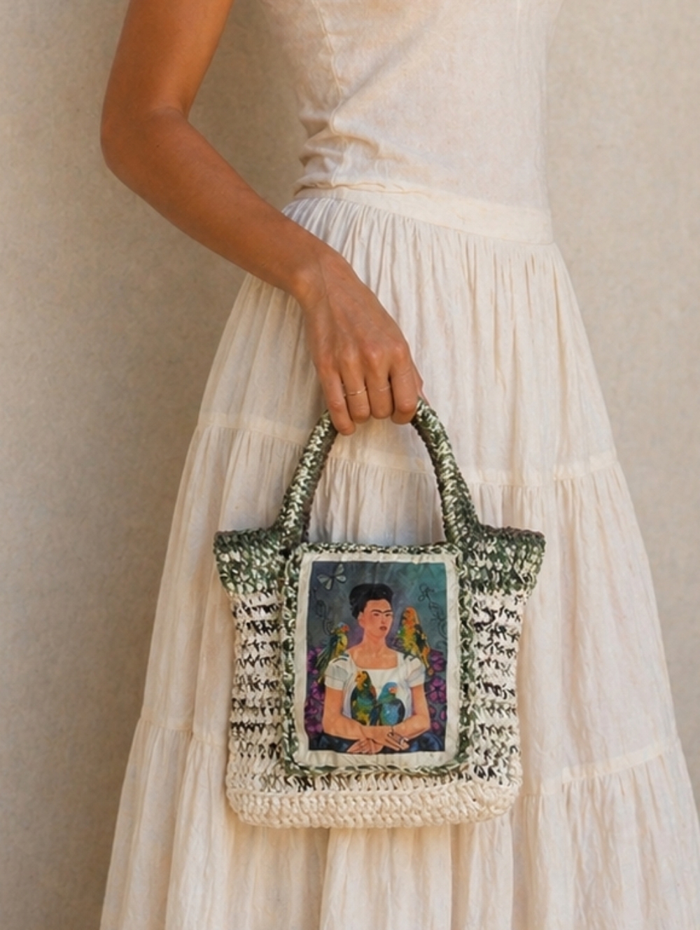 Handmade Crochet Tote Bag Frida Kahlo Art Boho Cottagecore Earthy Mini Tote